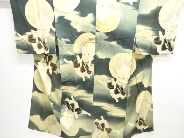 アンティーク　江戸縮緬　兎に満月模様長襦袢